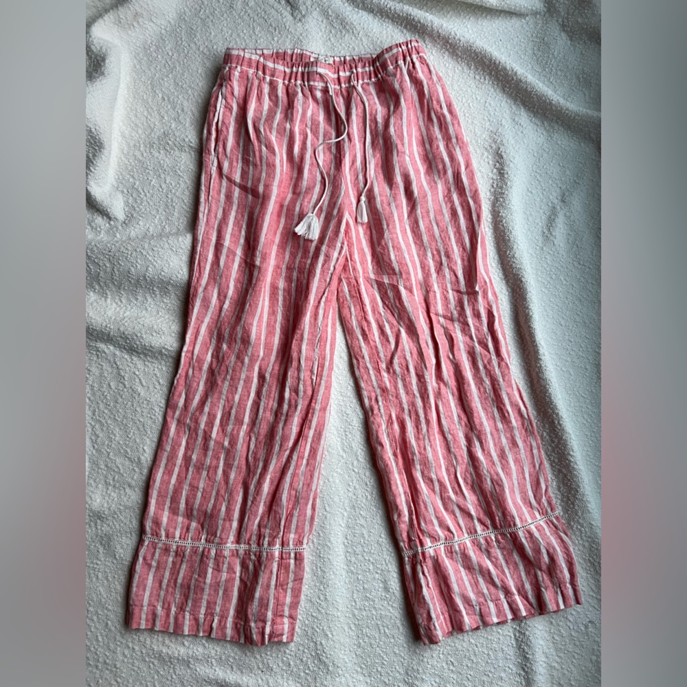 C&C California 100% Linen Striped‎ Wide Leg Pants Womens Small Pink White Crop